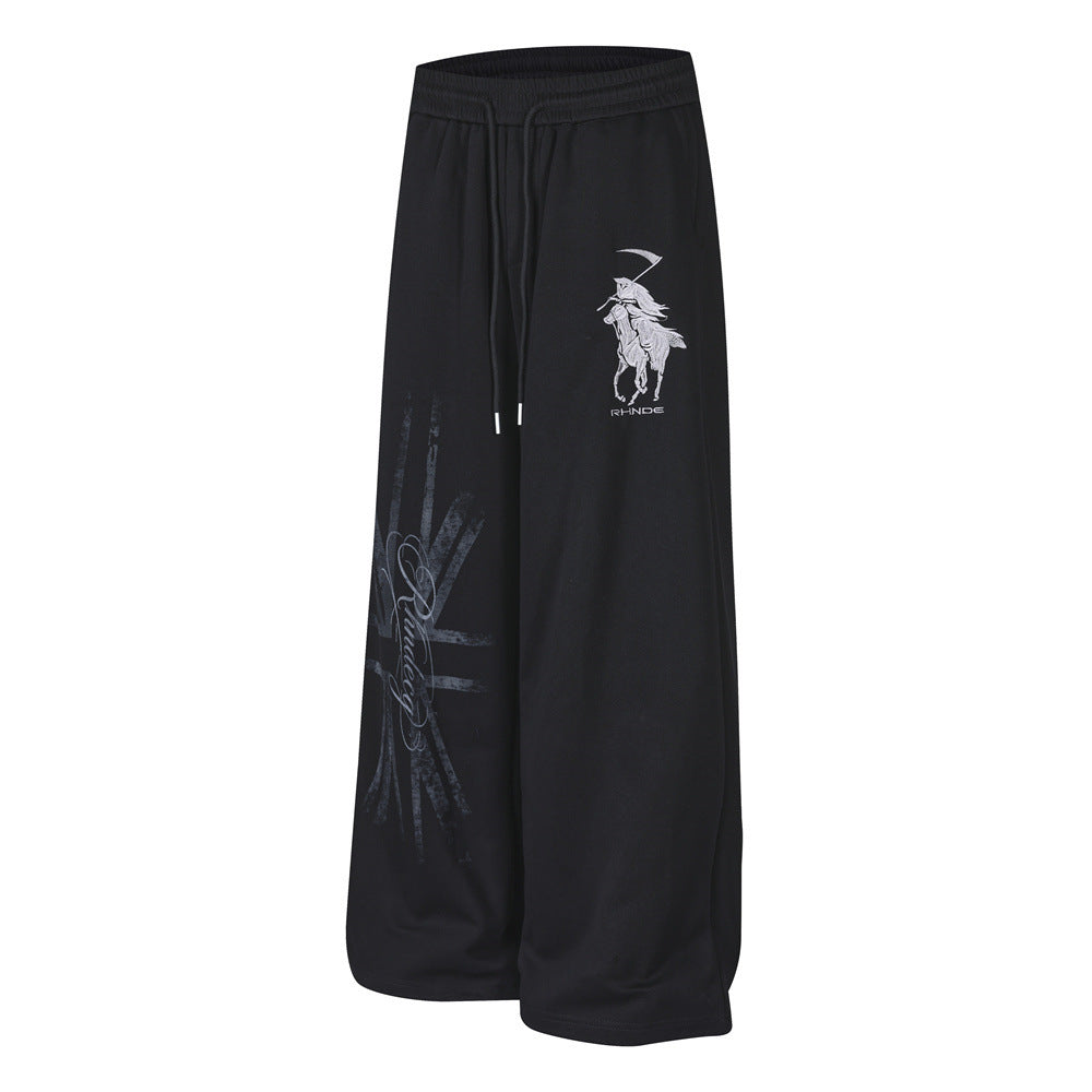 Grim Reaper Embroidered Baggy Sweatpants – Wide Leg Hip-Hop Street Pants