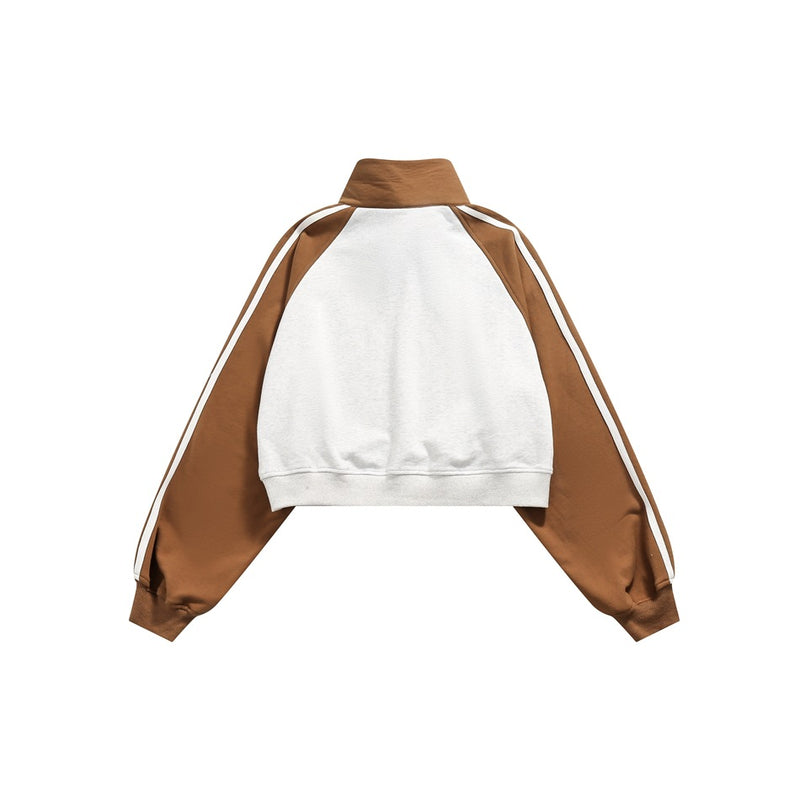 Cropped Half-Zip Sweatshirt Jacket – Colorblock Raglan with Stripe Sleeves