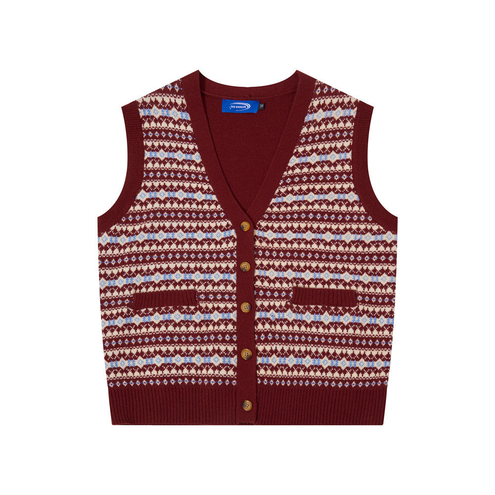 Chaleco de punto jacquard Fair Isle burdeos para hombre, con rombos, cuello de pico, botones delanteros y sin mangas, vista frontal