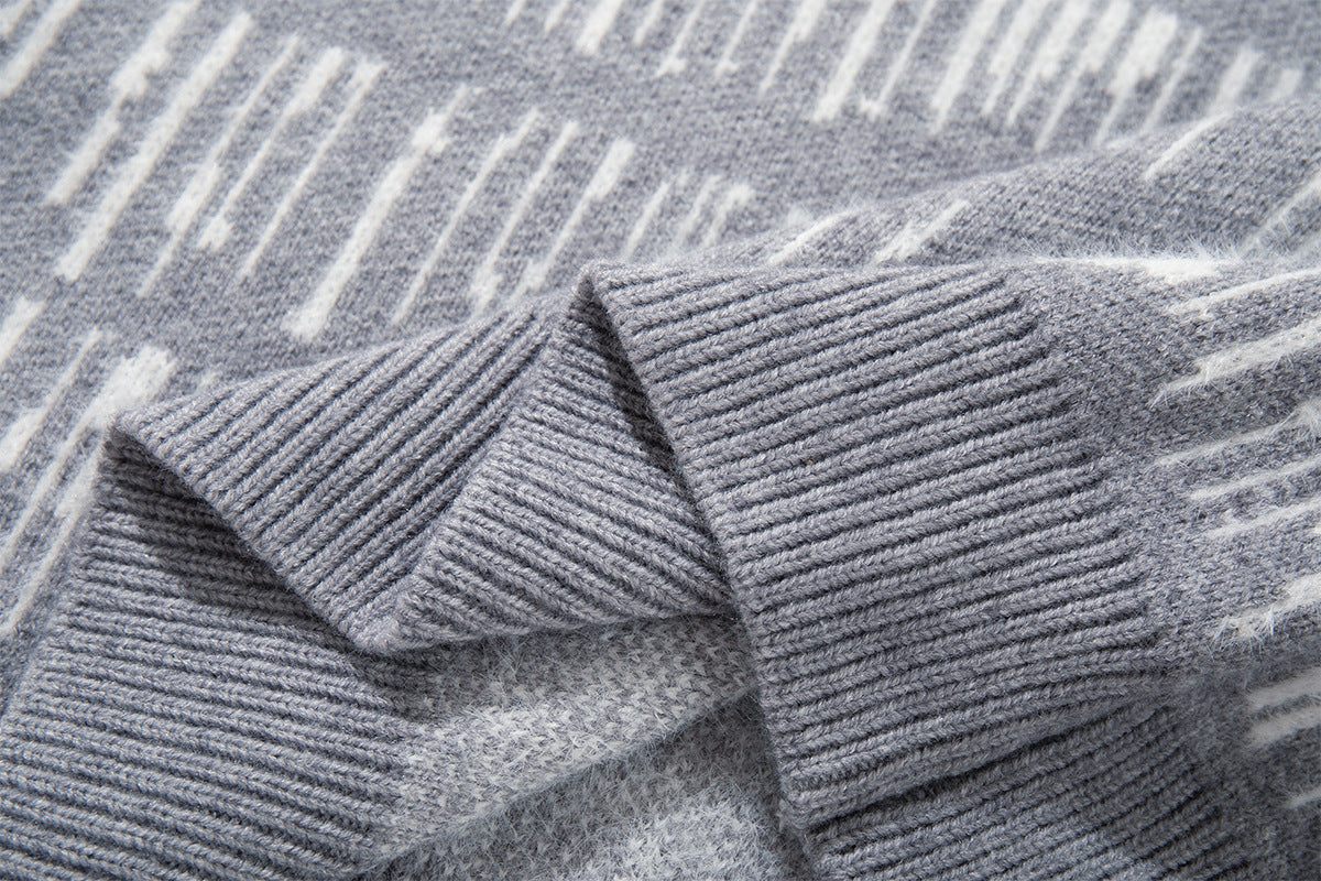 Abstract Stripe Jacquard Knit Sweater – Henley Neck, Oversized Fit