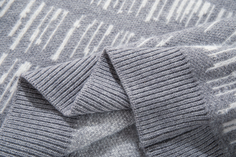 Abstract Stripe Jacquard Knit Sweater – Henley Neck, Oversized Fit