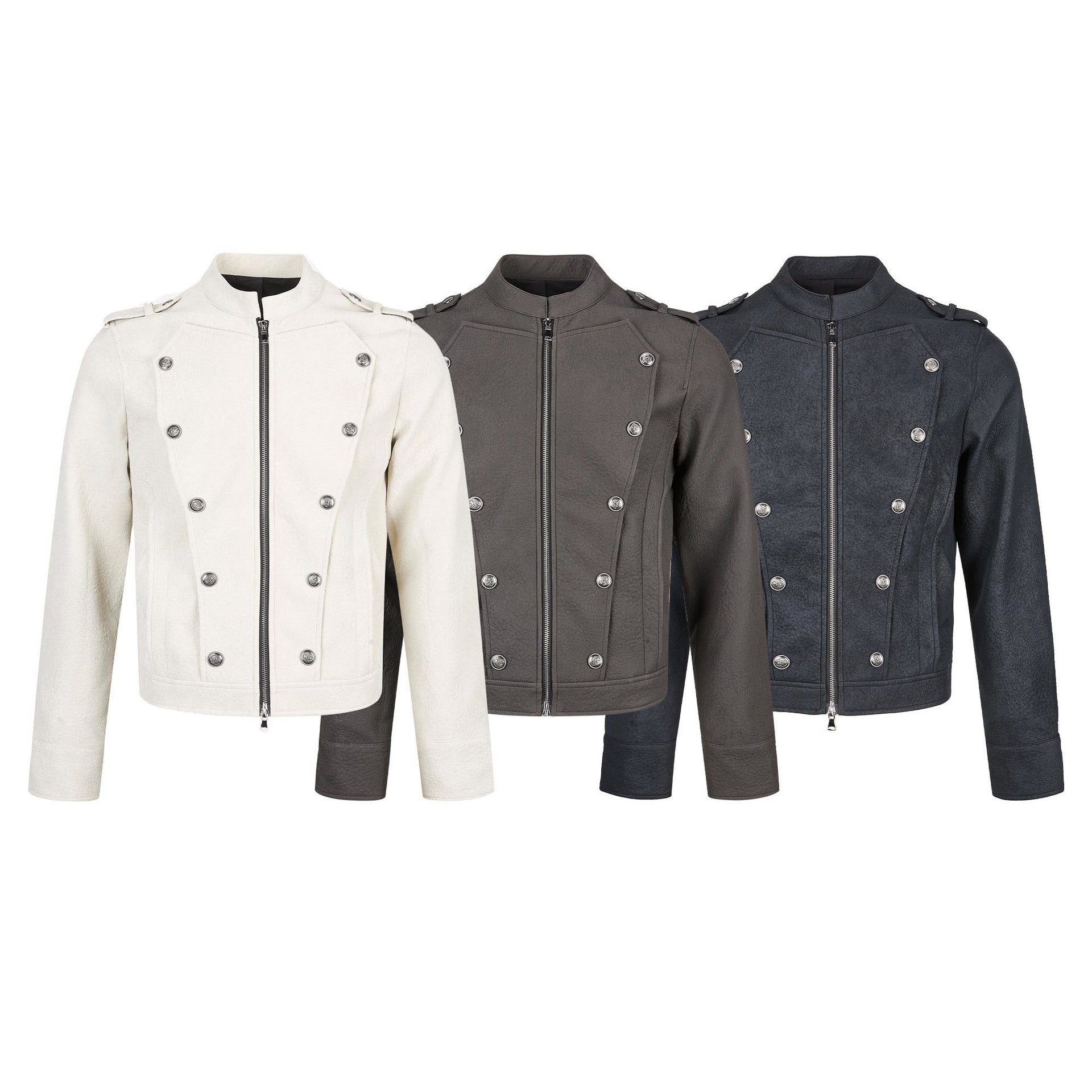 Military-Style Faux Leather Jacket with Double-Breasted Buttons & Zip Front