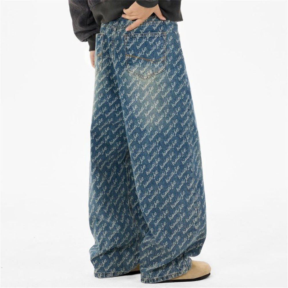 Men's Wide-Leg Jeans – Allover Script Letter Print, Loose Straight Fit