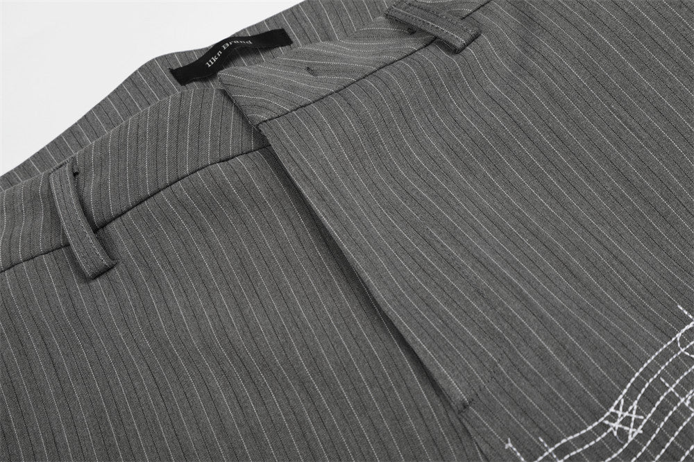 Pinstripe Wide-Leg Trousers with Music Note Embroidery