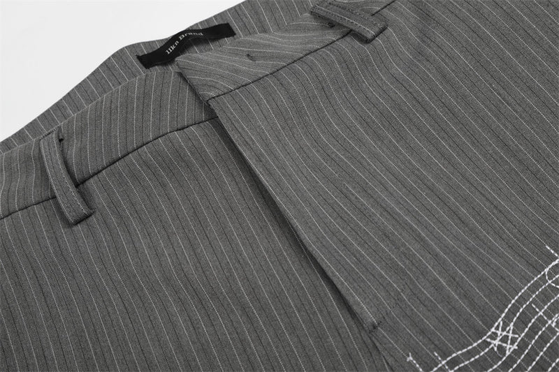 Pinstripe Wide-Leg Trousers with Music Note Embroidery