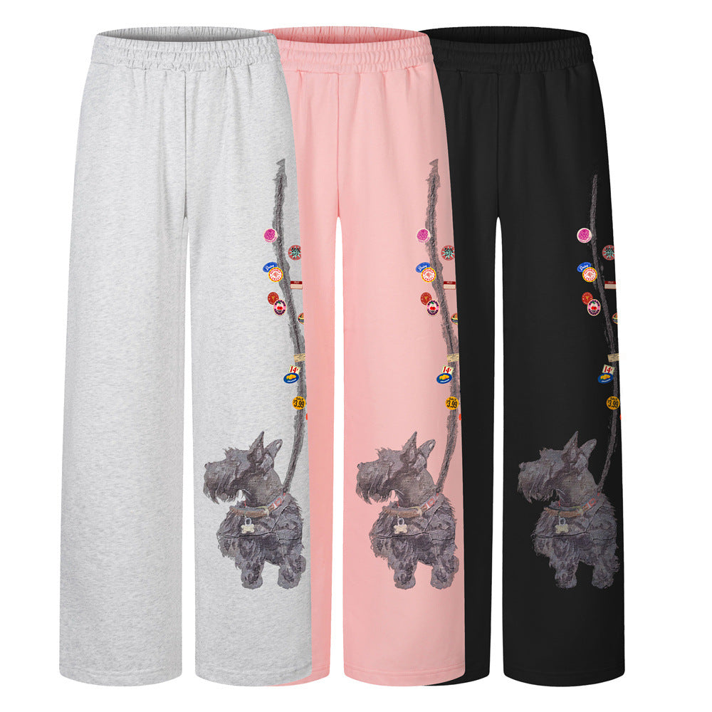 Scottie Dog Graphic Wide-Leg Sweatpants with Elastic Waist