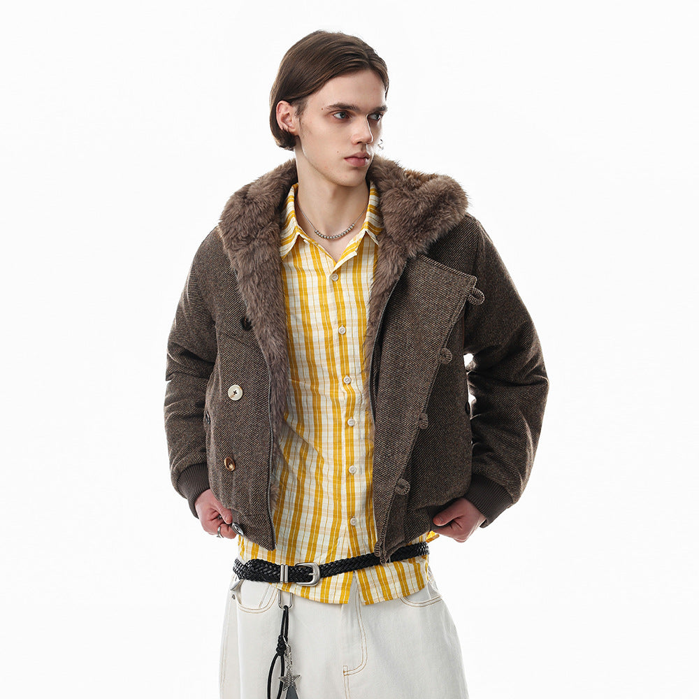 Fur-Trim Hooded Wool-Blend Bomber Jacket with Asymmetric Button Placket