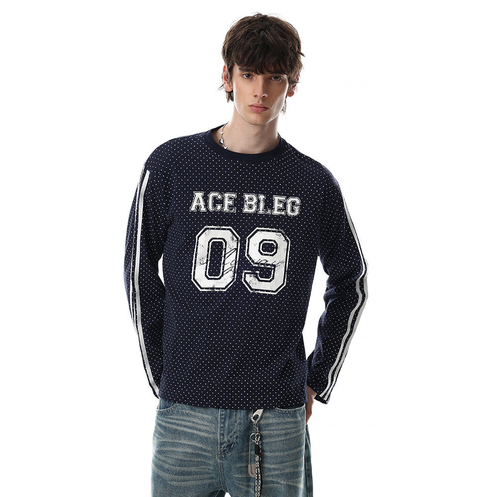 Men's Long Sleeve Tee Shirts – ACE BLEG 09 Varsity Number Polka-Dot Stripe Top
