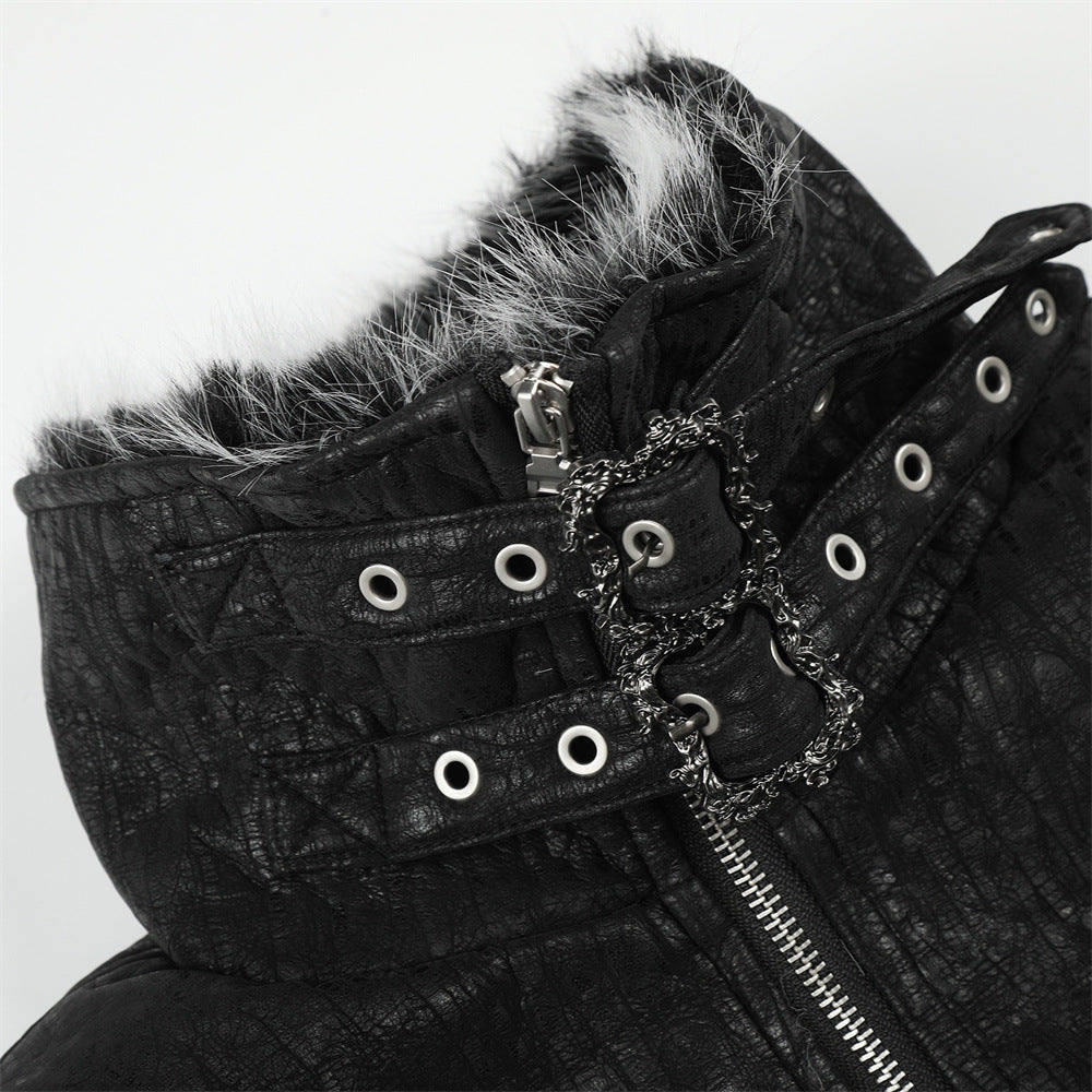 Chaqueta bomber punk oversize – Ribete de pelo sintético, cuello con tira y acolchado cálido