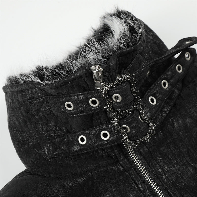 Chaqueta bomber punk oversize – Ribete de pelo sintético, cuello con tira y acolchado cálido