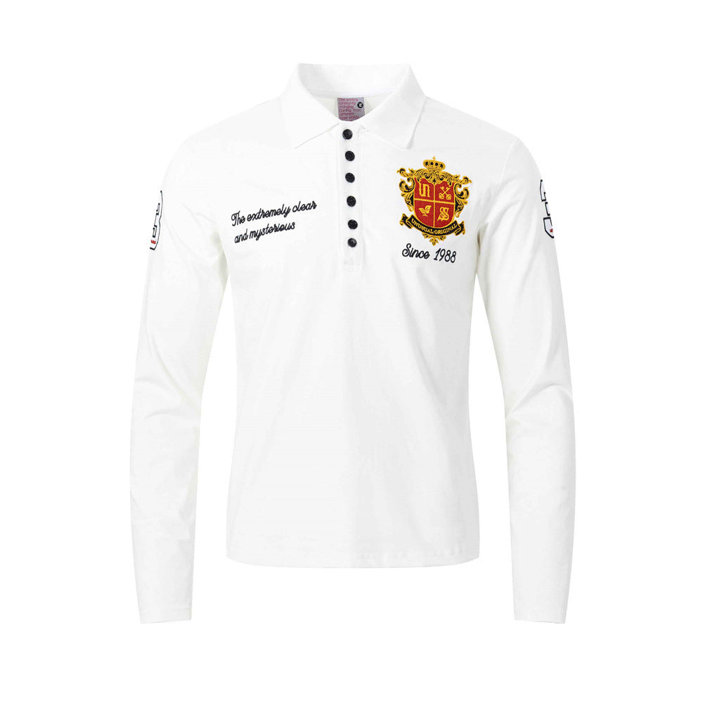 Men's Long Sleeve Polo Shirt with Embroidered Crest Badge