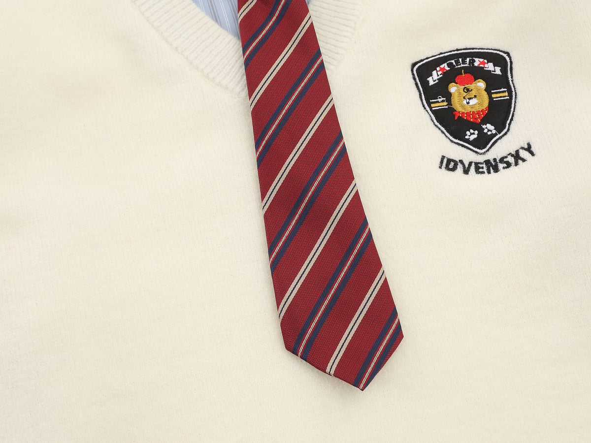 Campus-Style Knit Sweater Vest Layered Shirt with Badge Patch and Striped Tie