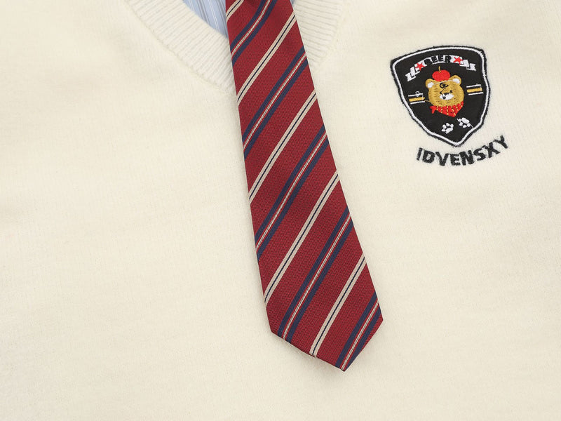 Campus-Style Knit Sweater Vest Layered Shirt with Badge Patch and Striped Tie