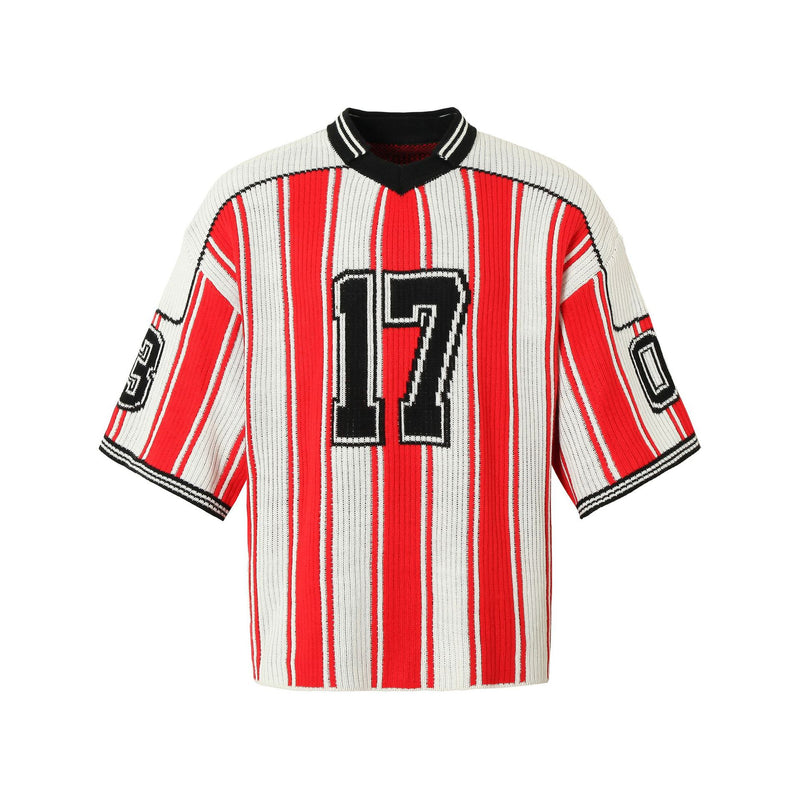 Red and White Striped V-Neck Sweater – Number 17 Oversized Knit Sports Jersey