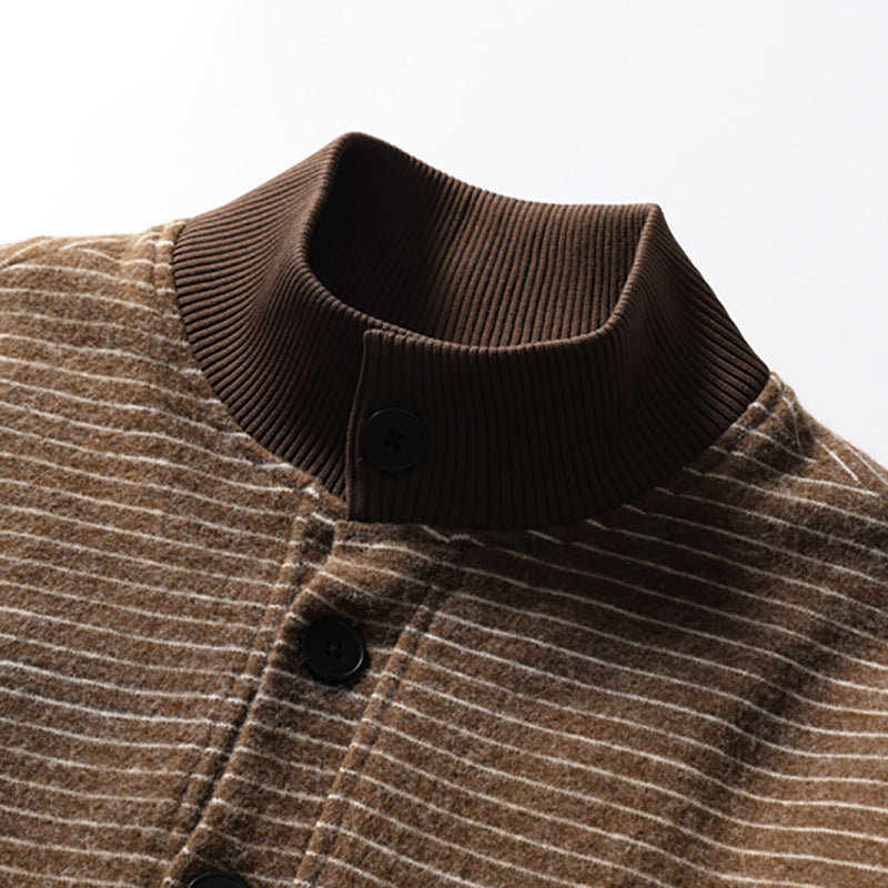 Striped Stand-Collar Bomber Jacket – Relaxed Fit Button-Front Outerwear