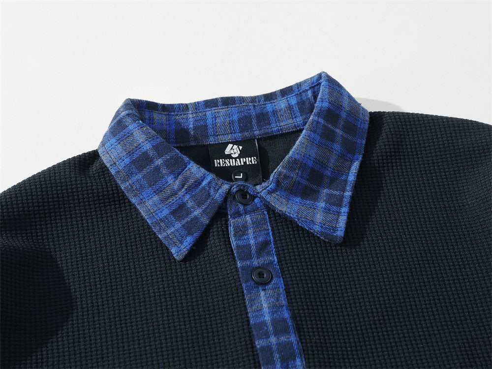 Polo Collar Sweatshirt with Plaid Patchwork & Clints Varsity Graphic