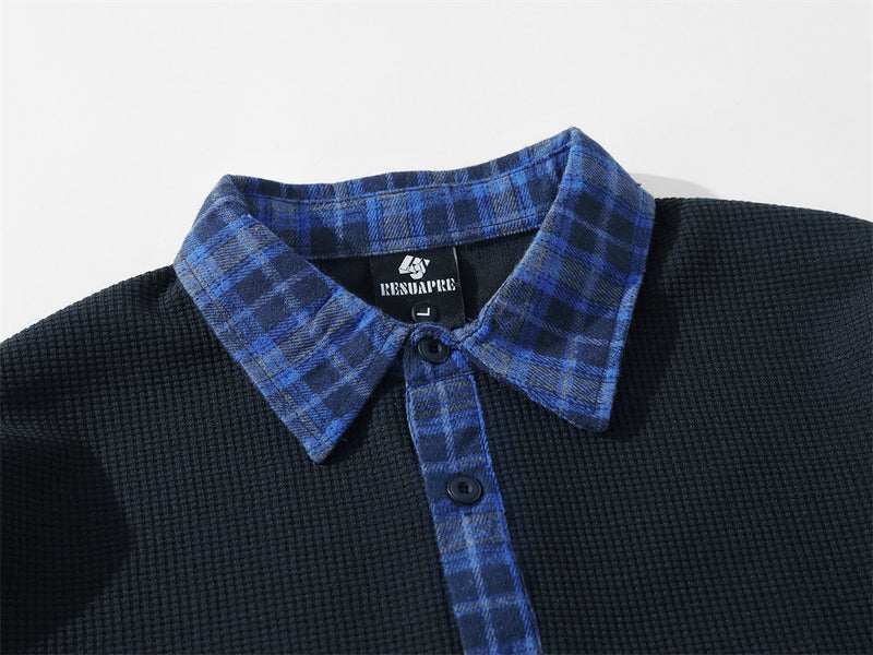 Polo Collar Sweatshirt with Plaid Patchwork & Clints Varsity Graphic