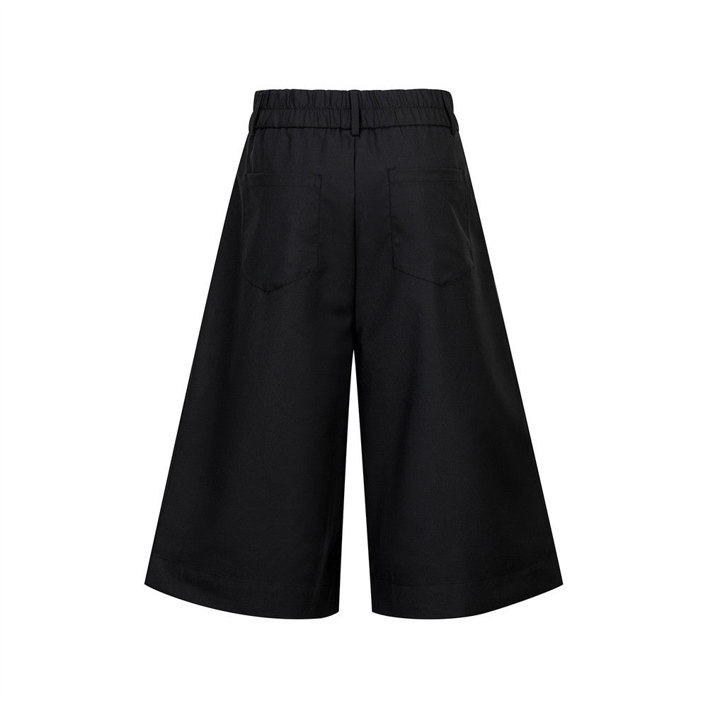 Wide-Leg Pleated Culottes Shorts with Button Fly