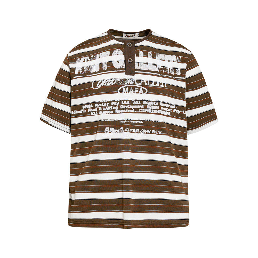 Oversized American vintage brown and white striped Henley graphic T-shirt with distressed KNIT GALLERY print