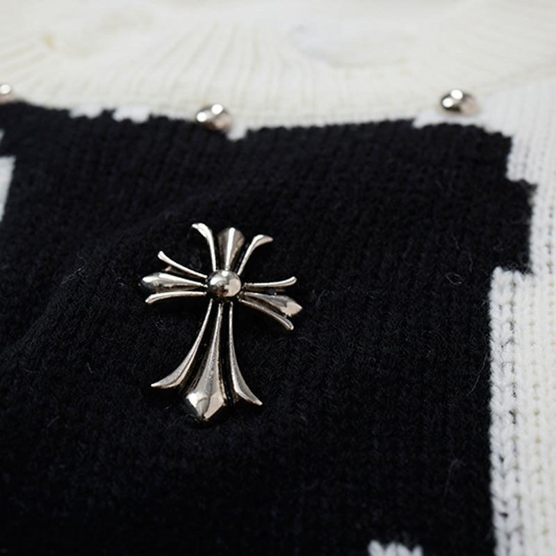 Oversize-Kreuz-Strickpullover – Distressed-Rundhals mit Jacquard-Kreuz