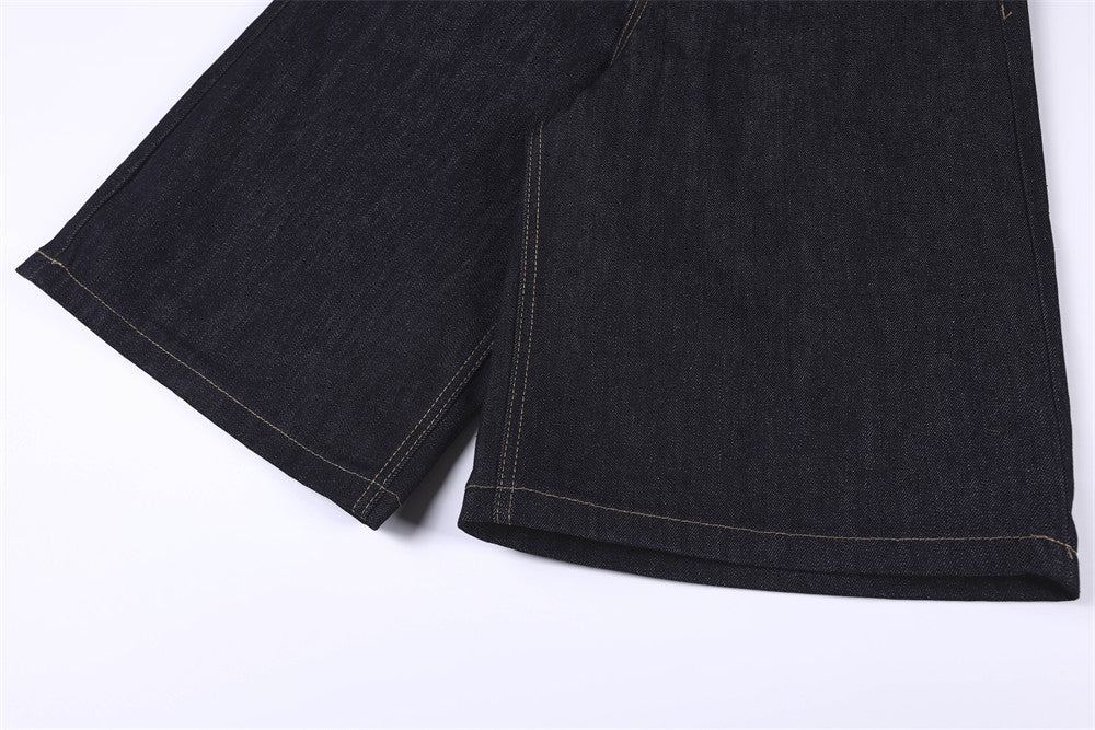 RHNDE Dark Wash Wide-Leg Denim Shorts with Floral Pocket Lining
