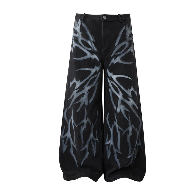 Black Low Rise Baggy Jeans with Tribal Spray-Paint Graphic Wide Leg