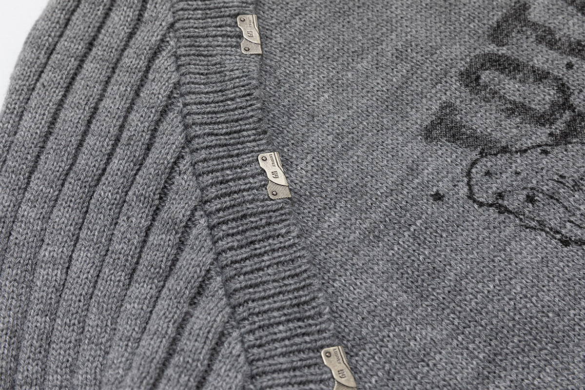 Distressed Graphic Knit Sweater – Raglan Ribbed Sleeve, Rock Print, Grey