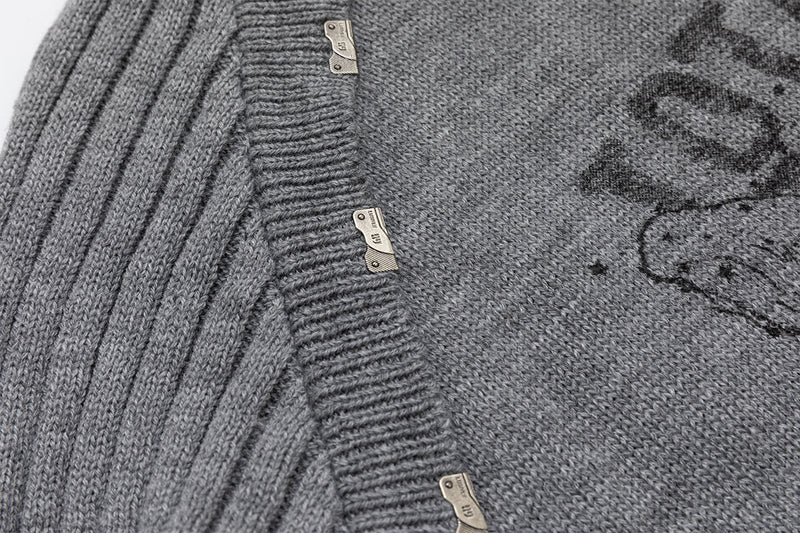 Distressed Graphic Knit Sweater – Raglan Ribbed Sleeve, Rock Print, Grey