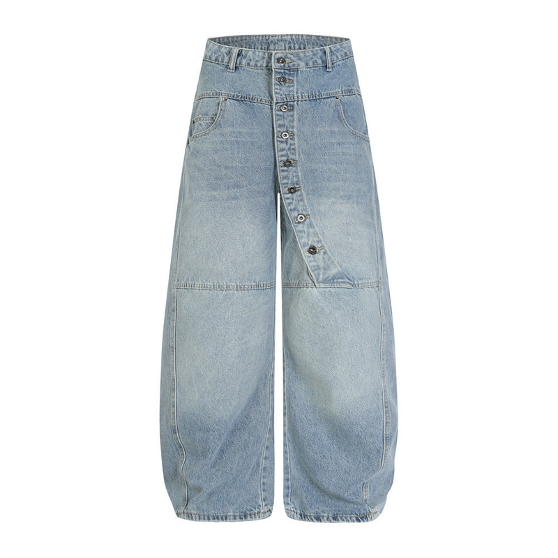 Men's Wide Leg Barrel Jeans – Diagonal Button Fly, Vintage Washed Denim