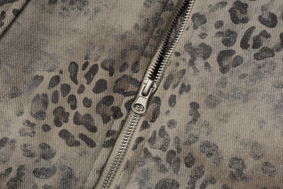 Men's Leopard Print Padded Jacket with Faux Fur Collar & Trim