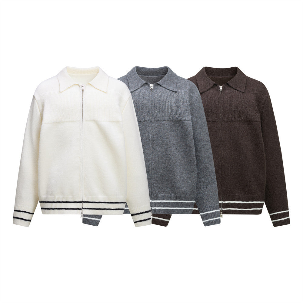Men Zip Up Sweater Knit Polo Collar Cardigan – Relaxed Fit