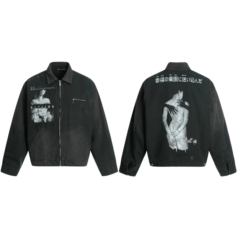 Veste workwear en toile délavée à l'acide – Imprimé graphique japonais, finition usée