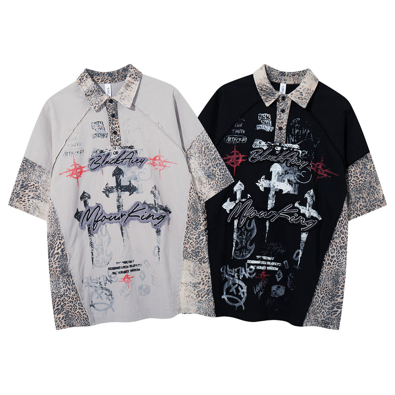 Chemise à col et manches courtes – Polo patchwork léopard graffiti