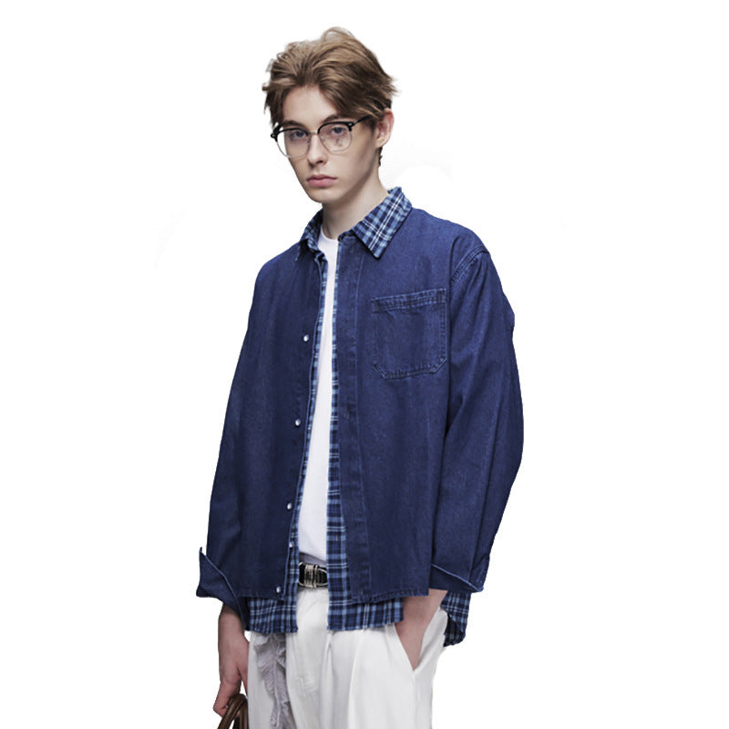 Men's oversized long sleeve denim shirt with blue plaid splice collar and hem faux two-piece design