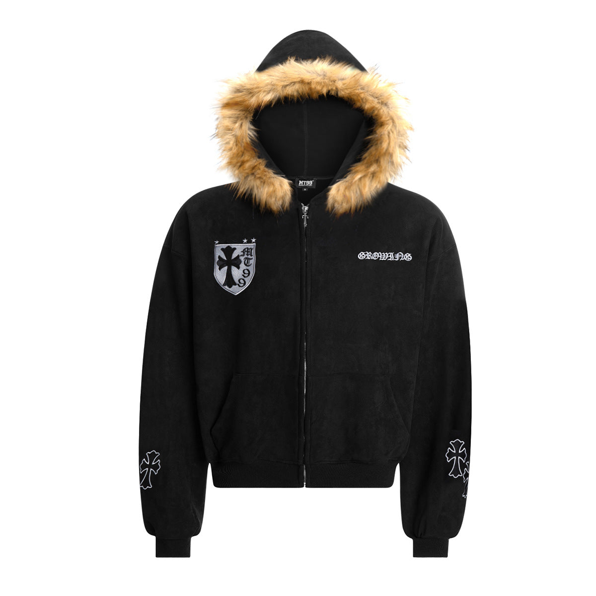Black zip-up hoodie with faux fur hood trim, Gothic cross embroidery on cuffs, shield chest patch, and circular back graphic