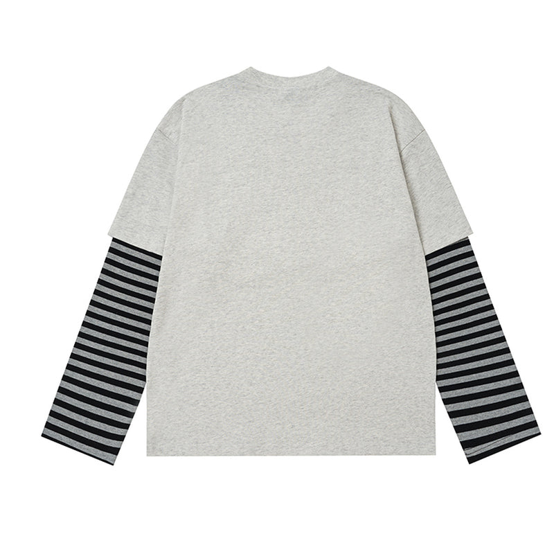 Long Sleeve T-Shirt Faux-Layered Rock Graphic Striped Sleeve Oversized Tee