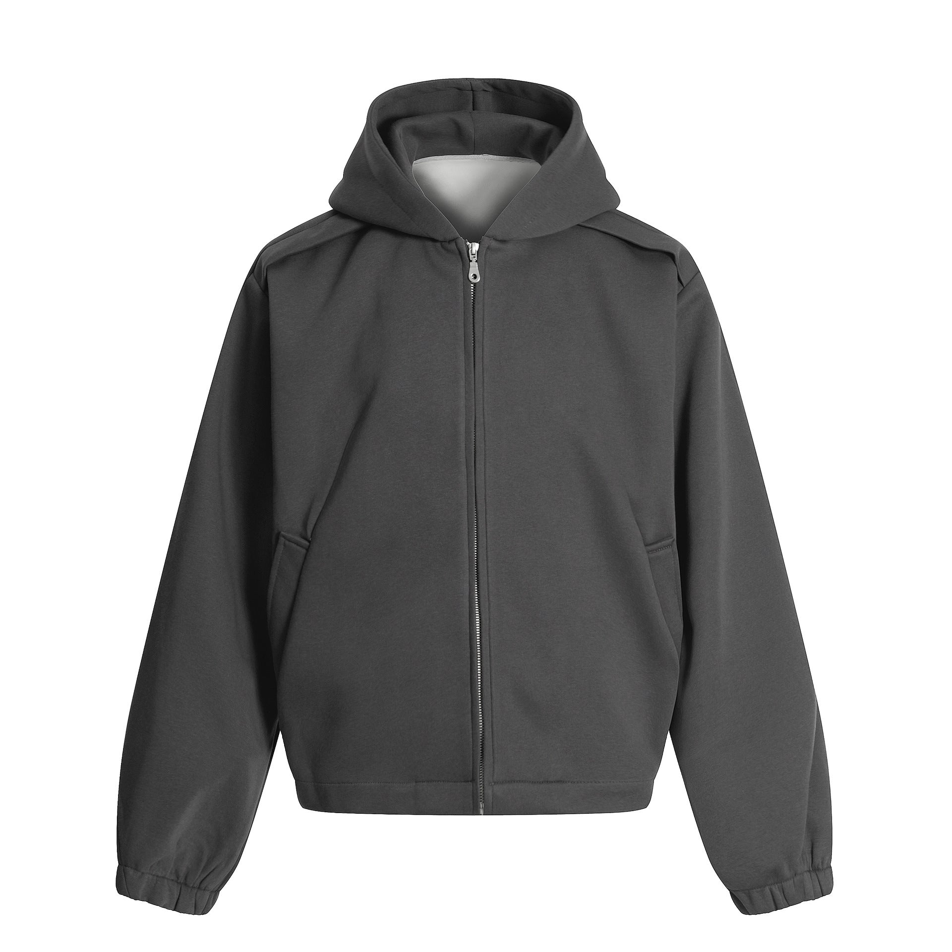 Sweat à capuche zippé oversize gris anthracite, avec fermeture intégrale, épaules tombantes et capuche structurée