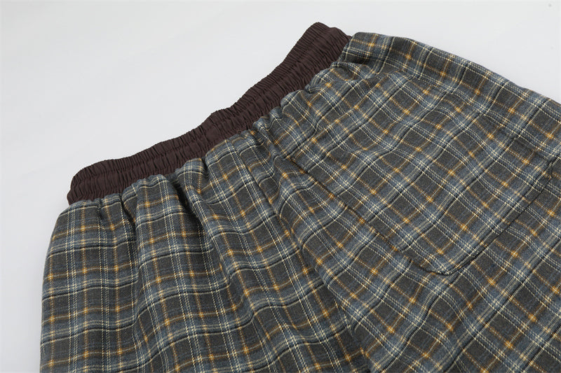 Vintage Plaid Wide-Leg Pants – Oversized Baggy Trousers with Elastic Waist