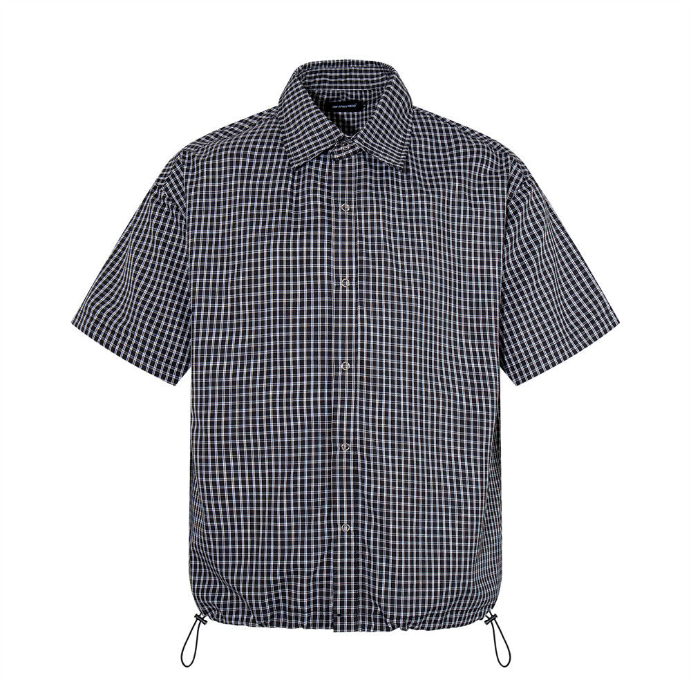 Men's oversized plaid short sleeve shirt with adjustable drawstring hem in dark navy gingham check pattern