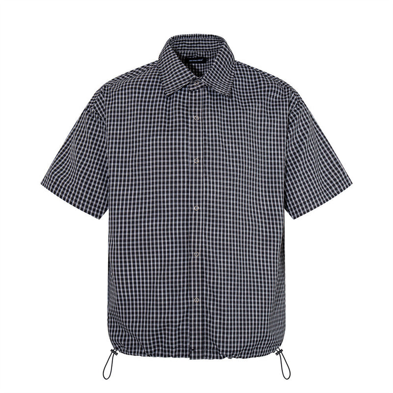 Men's oversized plaid short sleeve shirt with adjustable drawstring hem in dark navy gingham check pattern