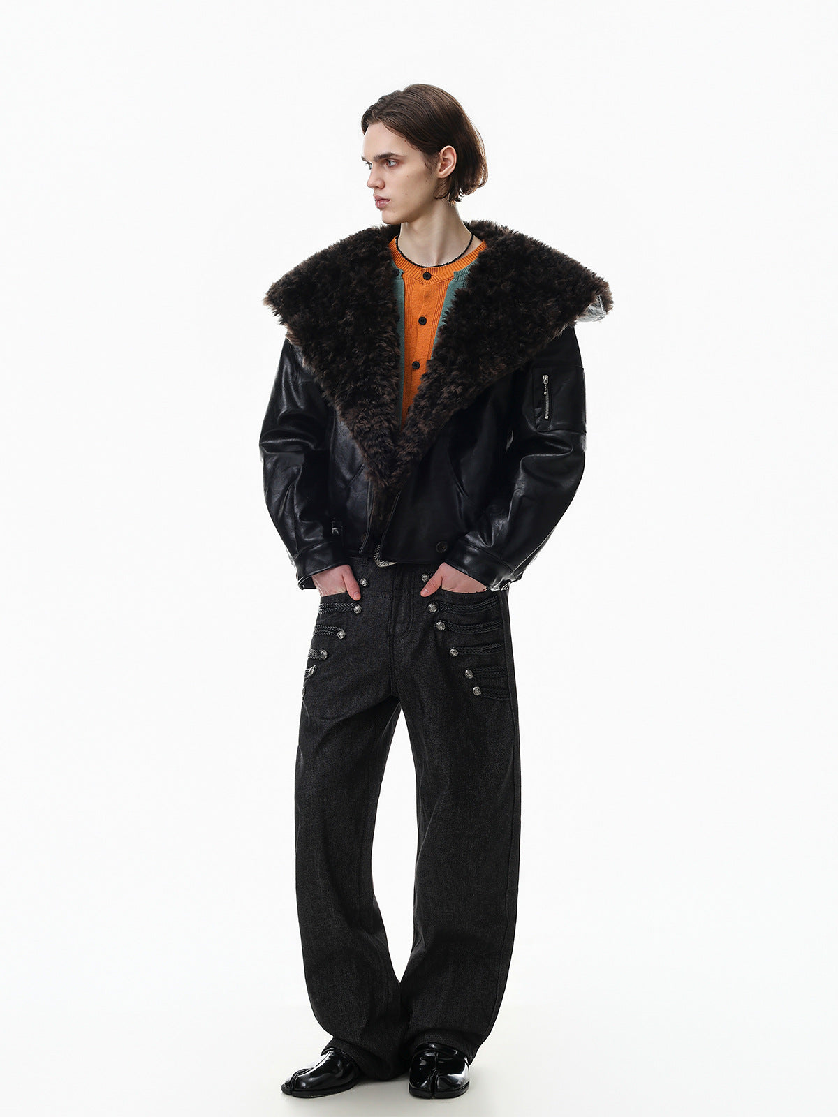 Men's Faux Shearling Collar Leather Bomber Jacket – Oversized Black Winter