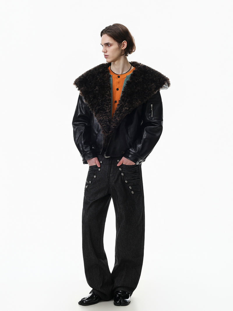 Men's Faux Shearling Collar Leather Bomber Jacket – Oversized Black Winter
