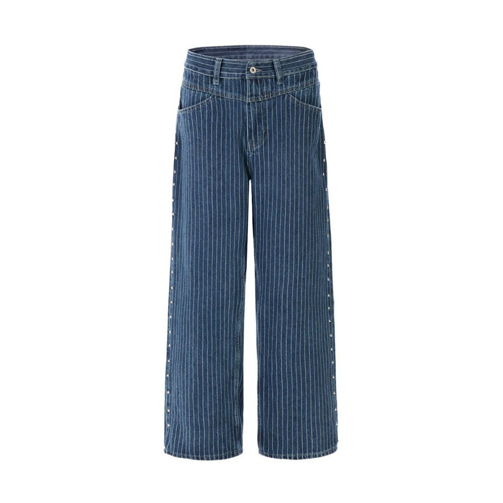 Men's Blue and White Striped Pants Wide-Leg Jeans with Rivet Side Detail