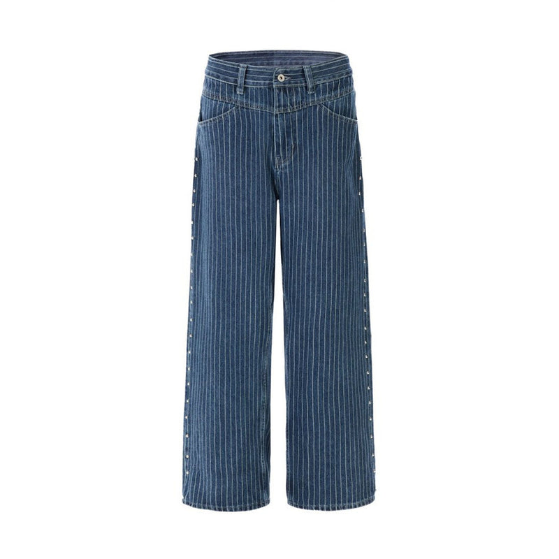 Men's Blue and White Striped Pants Wide-Leg Jeans with Rivet Side Detail