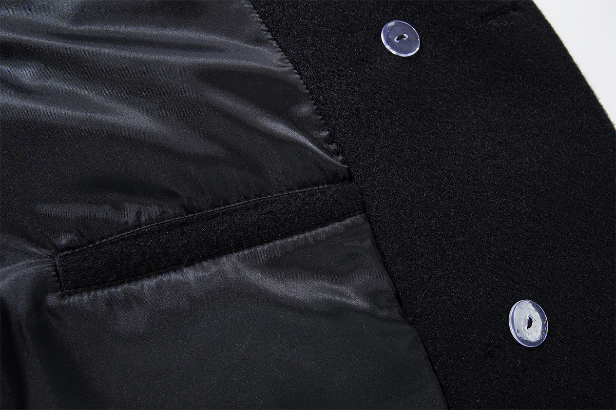 Men's Black Double-Breasted Military Wool Jacket with Stand Collar