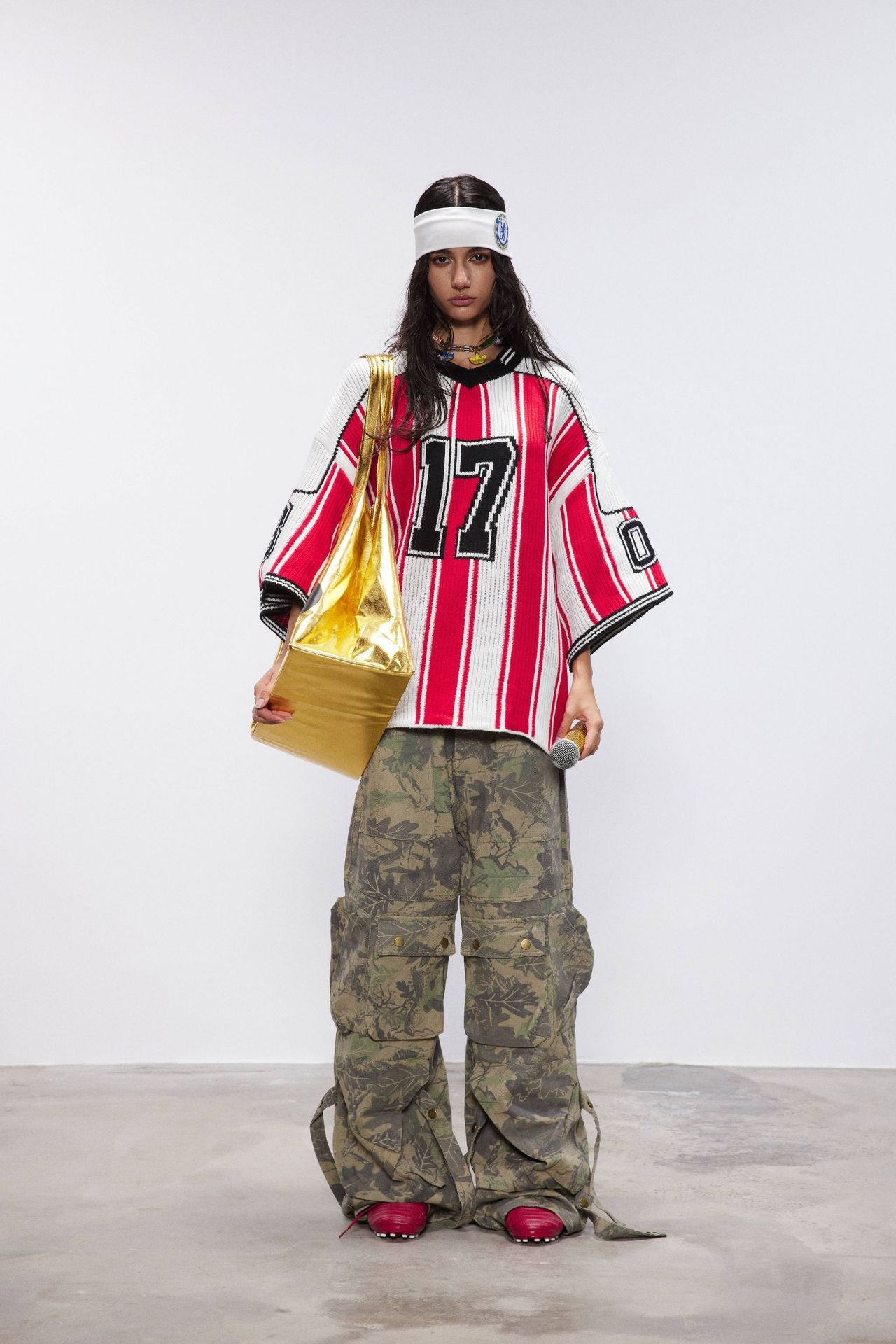 Red and White Striped V-Neck Sweater – Number 17 Oversized Knit Sports Jersey