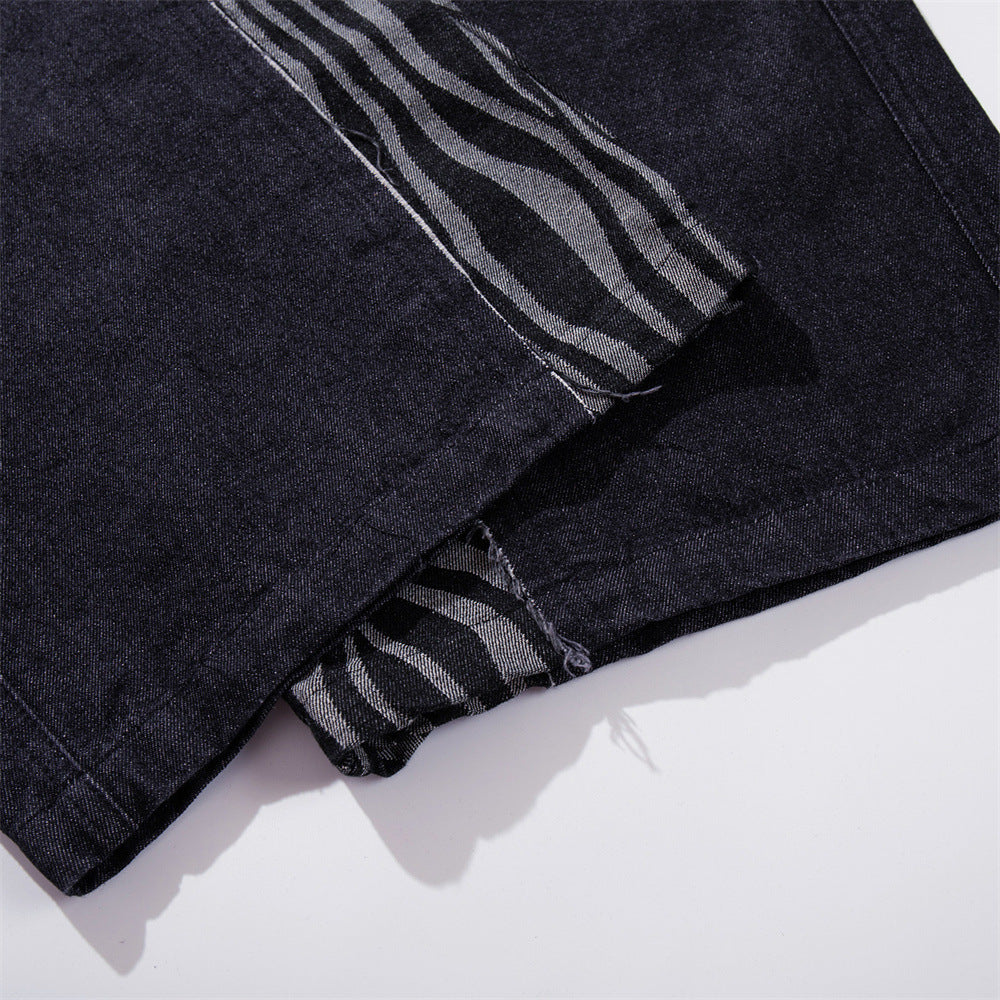 Wide-Leg Zebra Print Patchwork Jeans – Dark Wash Denim with Raw-Edge Waistband