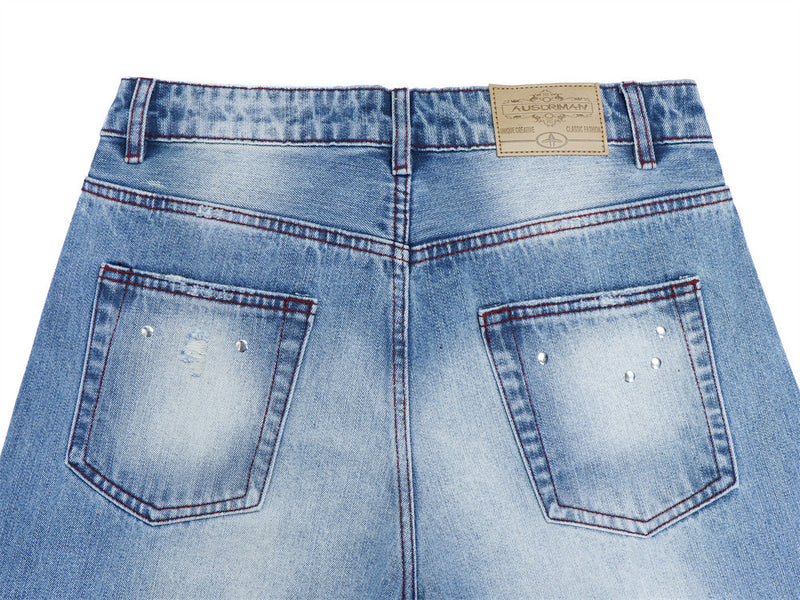 Men's Distressed Flare Jeans – Light Wash Wide-Leg Denim with Ripped Knees &