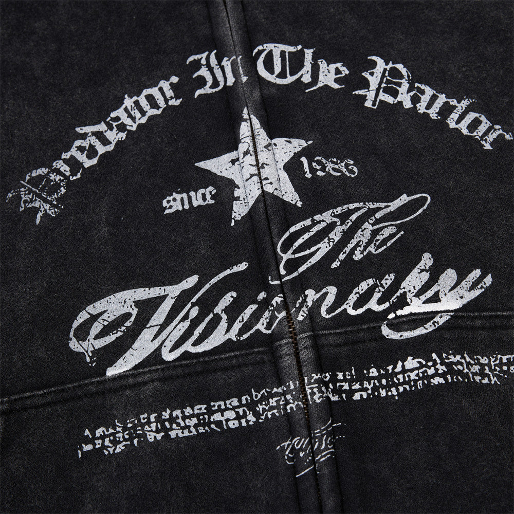 Punk Vintage Graphic Zip-Up Hoodie – Oversized Distressed Print Fleece