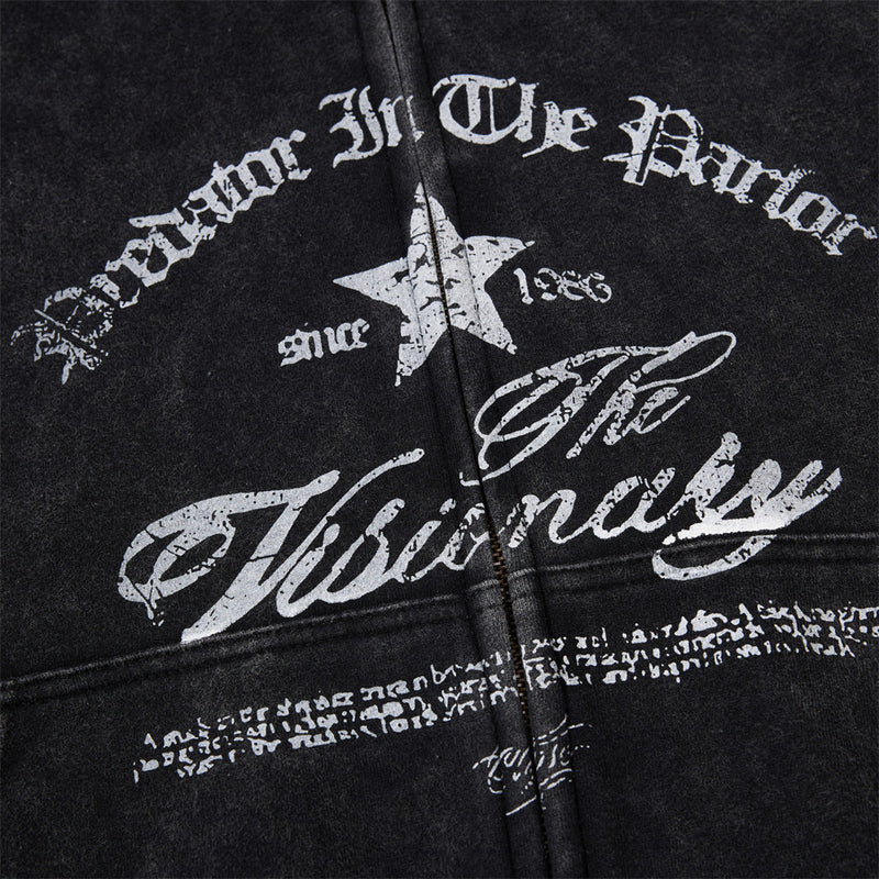 Punk Vintage Graphic Zip-Up Hoodie – Oversized Distressed Print Fleece